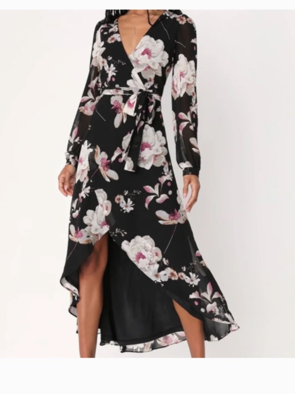 Lulu’s Blissful Thinking Black Floral Print High-Low Wrap Dress